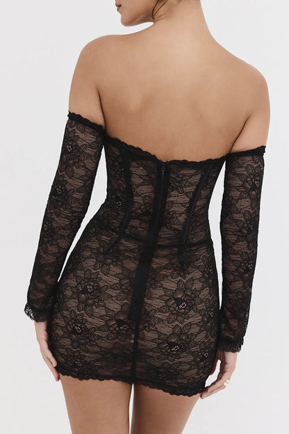 Mistress Rocks Black Lace Off Shoulder Mini Dress - SALE