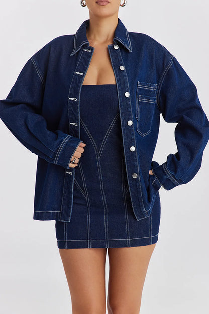 Mistress Rocks Dark Blue Oversized Denim Shirt - SALE