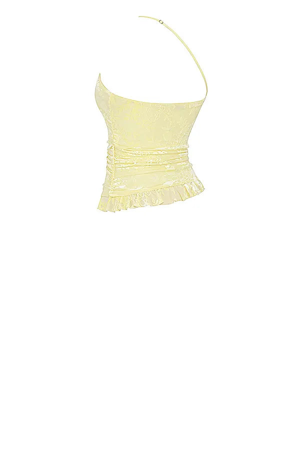 Mistress Rocks Lemon Devore Asymmetric Spiral Frill Top - SALE
