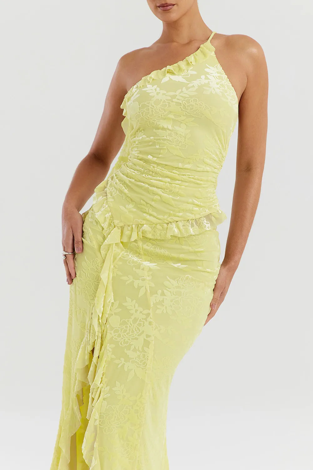 Mistress Rocks Lemon Devore Asymmetric Spiral Frill Top - SALE