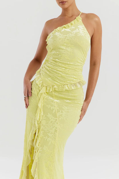 Mistress Rocks Lemon Devore Asymmetric Spiral Frill Top - SALE
