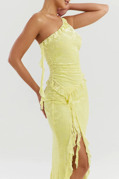 Mistress Rocks Lemon Devore Asymmetric Spiral Frill Top - SALE