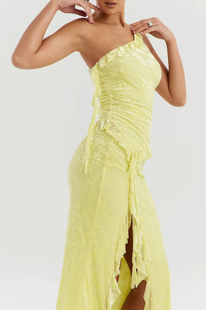 Mistress Rocks Lemon Devore Asymmetric Spiral Frill Top - SALE
