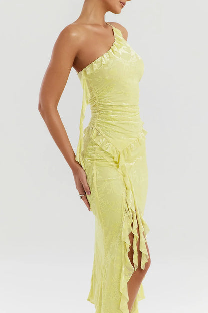 Mistress Rocks Lemon Devore Asymmetric Spiral Frill Top - SALE
