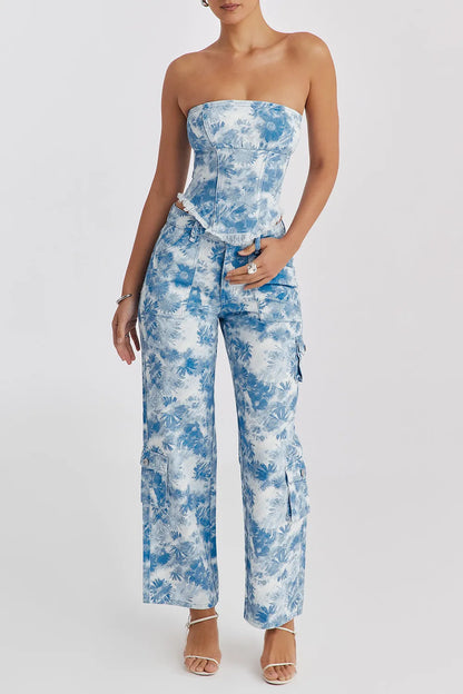 Mistress Rocks Blue Floral Print Cargo Jeans - SALE