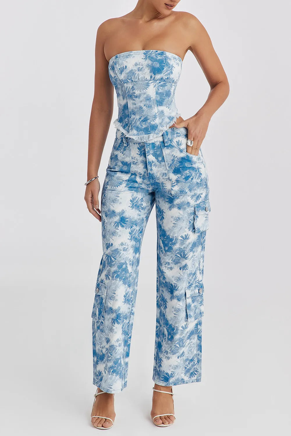 Mistress Rocks Blue Floral Print Cargo Jeans - SALE