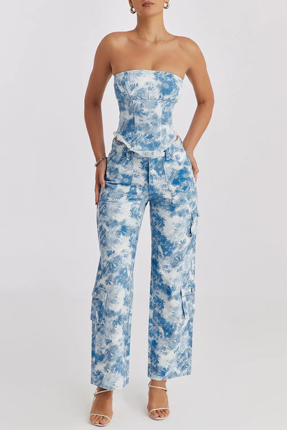 Mistress Rocks Blue Floral Print Cargo Jeans - SALE