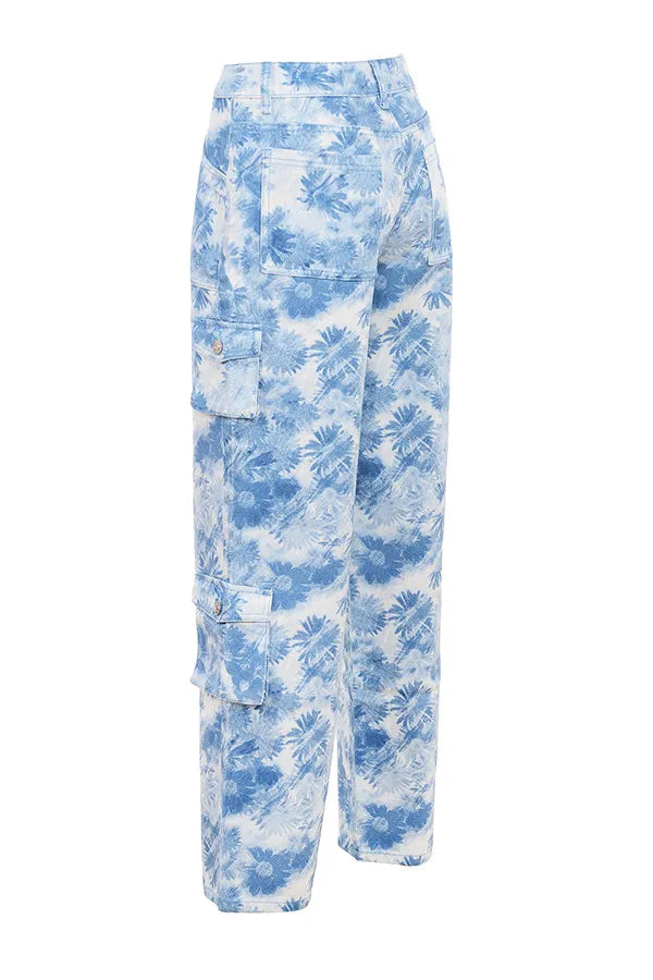 Mistress Rocks Blue Floral Print Cargo Jeans - SALE