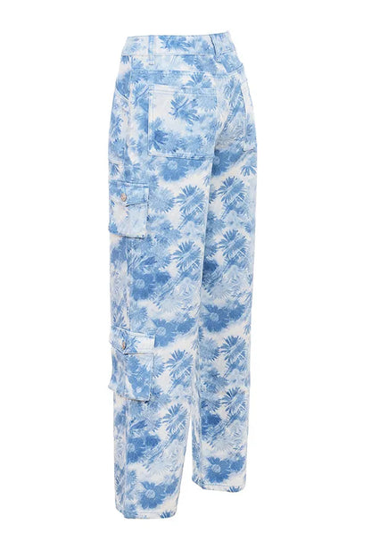 Mistress Rocks Blue Floral Print Cargo Jeans - SALE