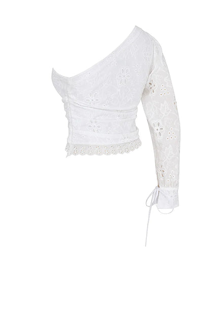 Mistress Rocks White Broderie Cotton Asymmetric Top - SALE