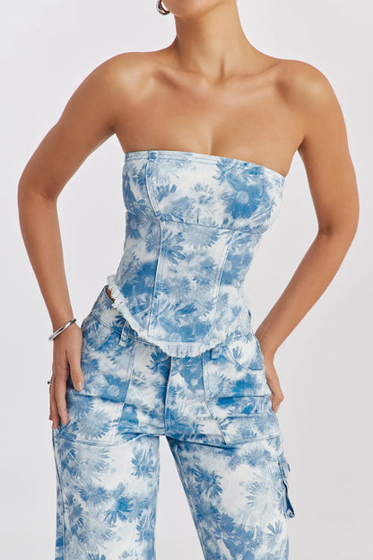Mistress Rocks Blue Floral Print Strapless Denim Top - SALE