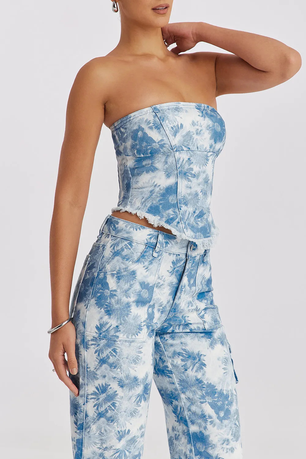 Mistress Rocks Blue Floral Print Strapless Denim Top - SALE