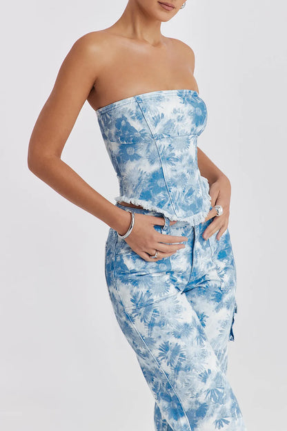 Mistress Rocks Blue Floral Print Strapless Denim Top - SALE