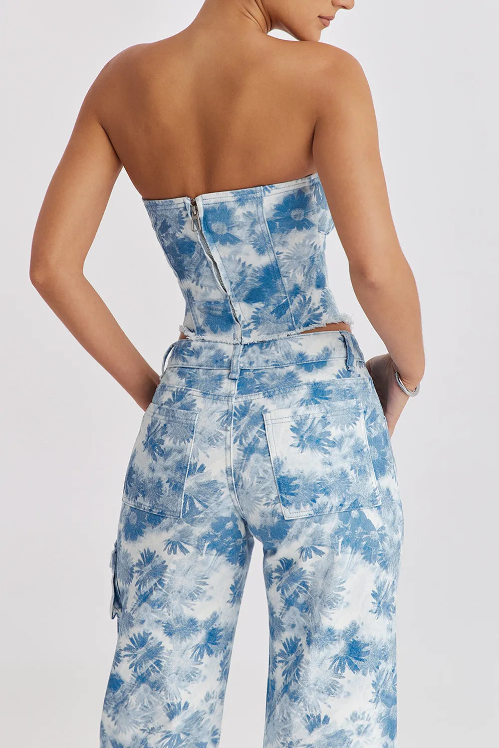Mistress Rocks Blue Floral Print Strapless Denim Top - SALE