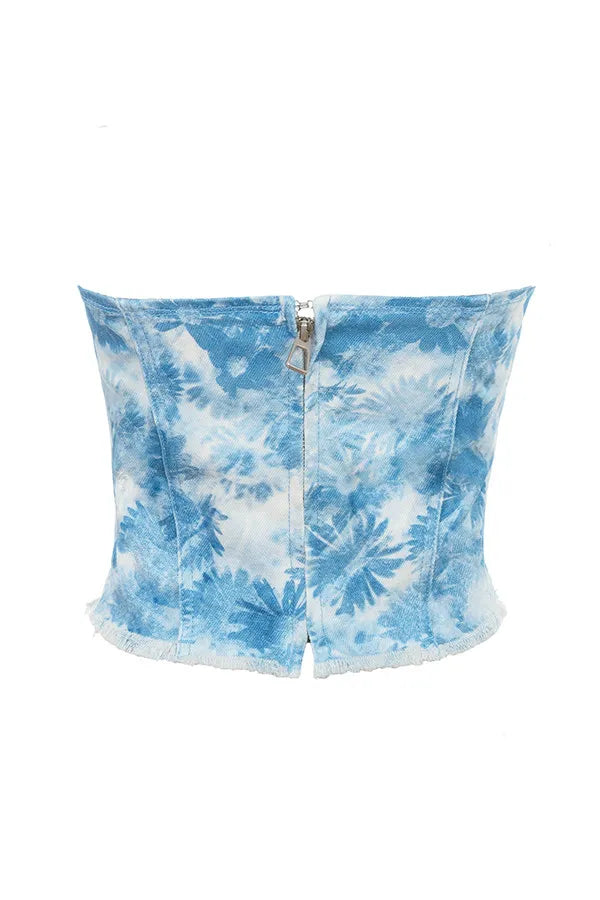 Mistress Rocks Blue Floral Print Strapless Denim Top - SALE