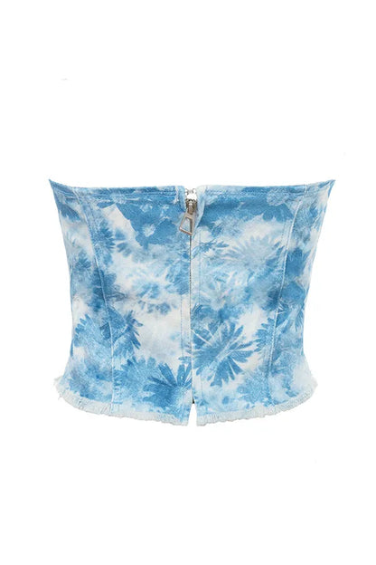 Mistress Rocks Blue Floral Print Strapless Denim Top - SALE