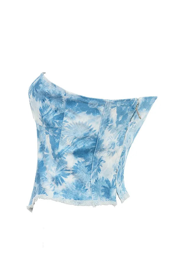 Mistress Rocks Blue Floral Print Strapless Denim Top - SALE