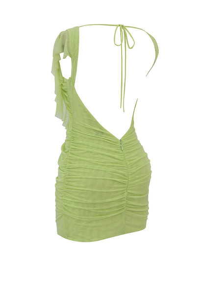 Mistress Rocks Matcha Boat Neck Gathered Ruffle Mini Dress - SALE