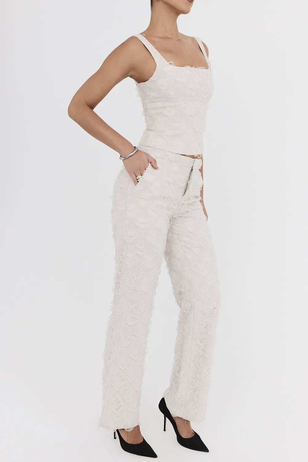 Mistress Rocks Taupe Textured Floral Trousers - SALE