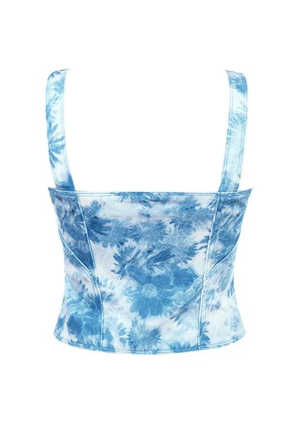 Mistress Rocks Blue Floral Print Denim Top - SALE