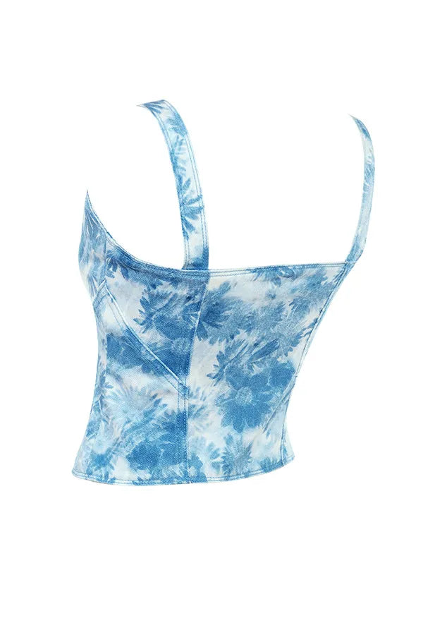 Mistress Rocks Blue Floral Print Denim Top - SALE
