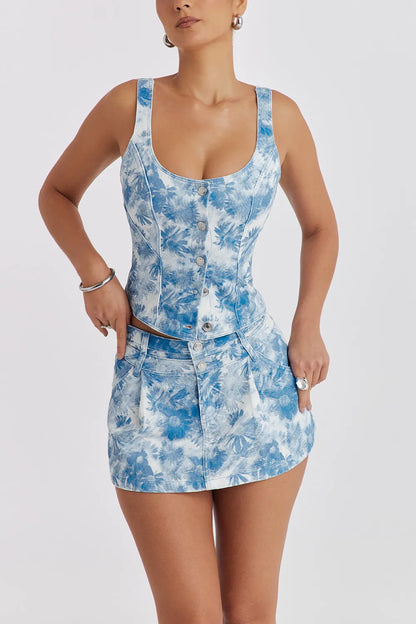 Mistress Rocks Blue Floral Print Denim Mini Skirt - SALE
