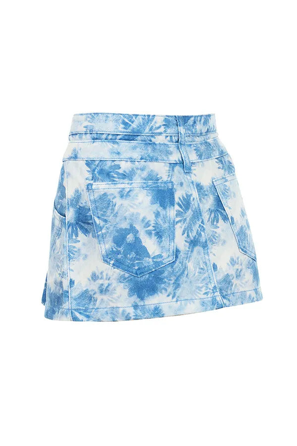 Mistress Rocks Blue Floral Print Denim Mini Skirt - SALE