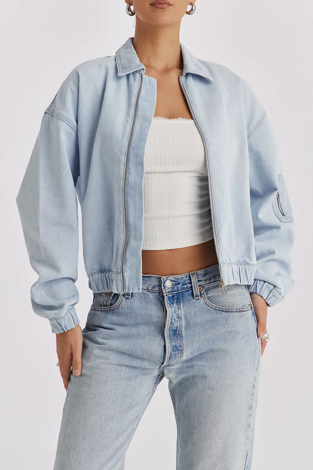 Mistress Rocks Blue Denim Oversized Bomber Jacket - SALE