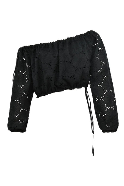 Mistress Rocks Black Broderie Cotton Off Shoulder Top - SALE