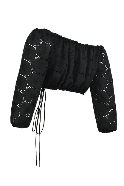 Mistress Rocks Black Broderie Cotton Off Shoulder Top - SALE