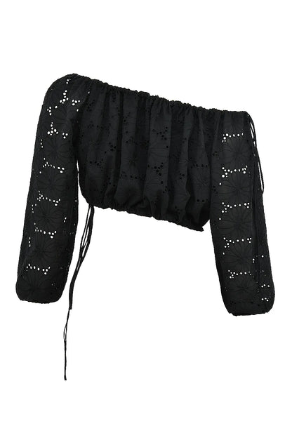 Mistress Rocks Black Broderie Cotton Off Shoulder Top - SALE