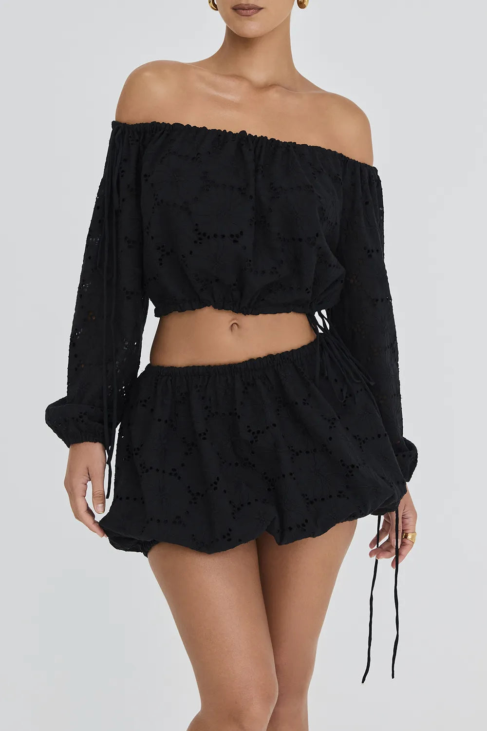 Mistress Rocks Black Broderie Cotton Off Shoulder Top - SALE