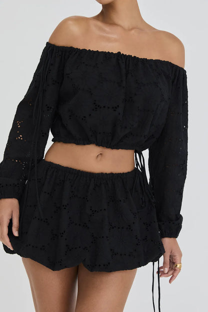 Mistress Rocks Black Broderie Cotton Off Shoulder Top - SALE