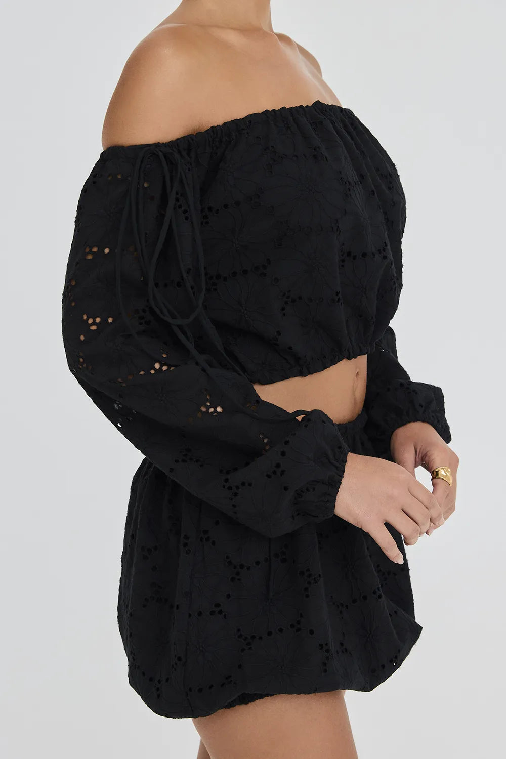 Mistress Rocks Black Broderie Cotton Off Shoulder Top - SALE