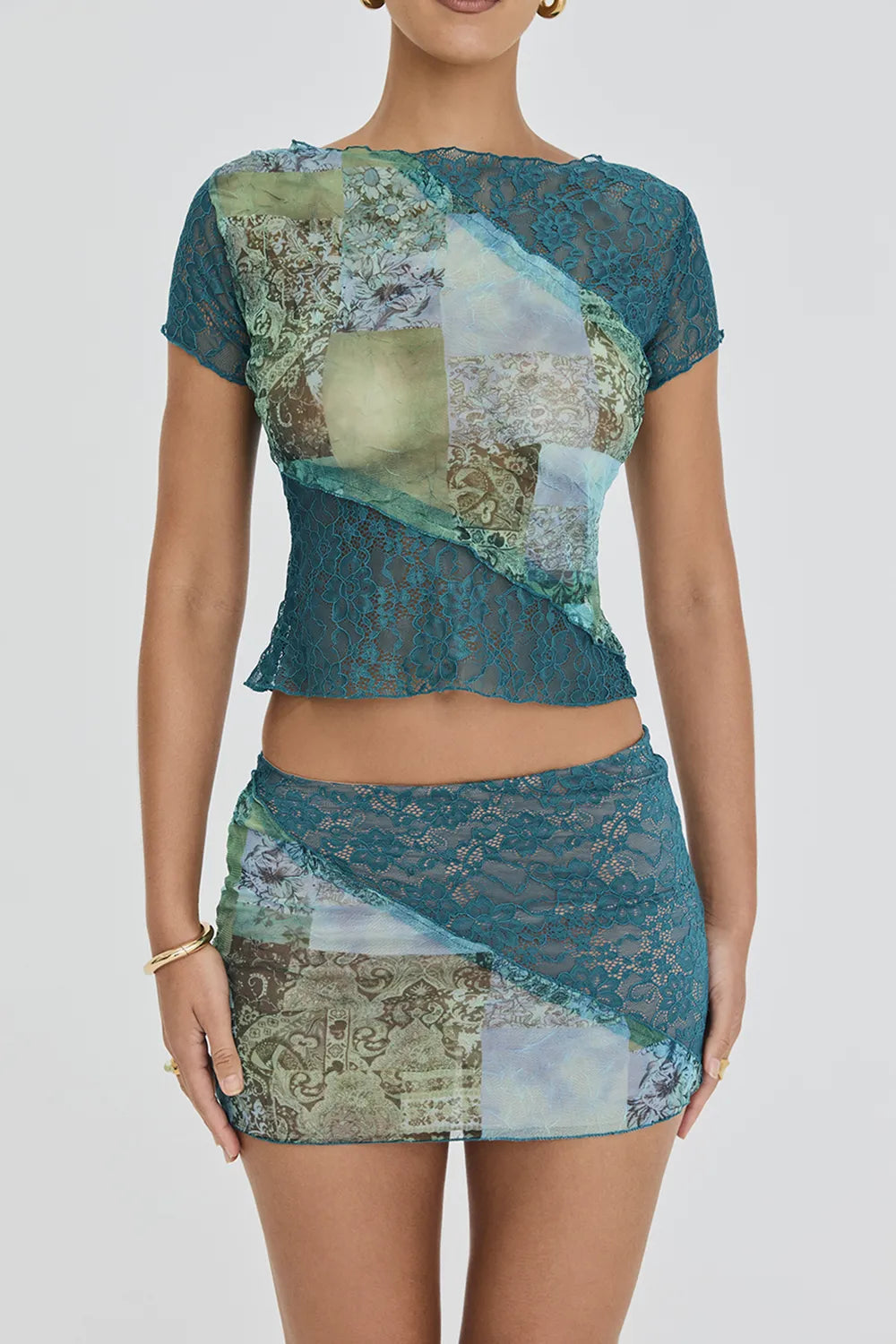Mistress Rocks Ocean Teal Panelled Mini Skirt - SALE