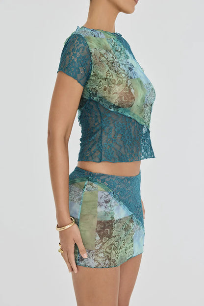 Mistress Rocks Ocean Teal Panelled Mini Skirt - SALE