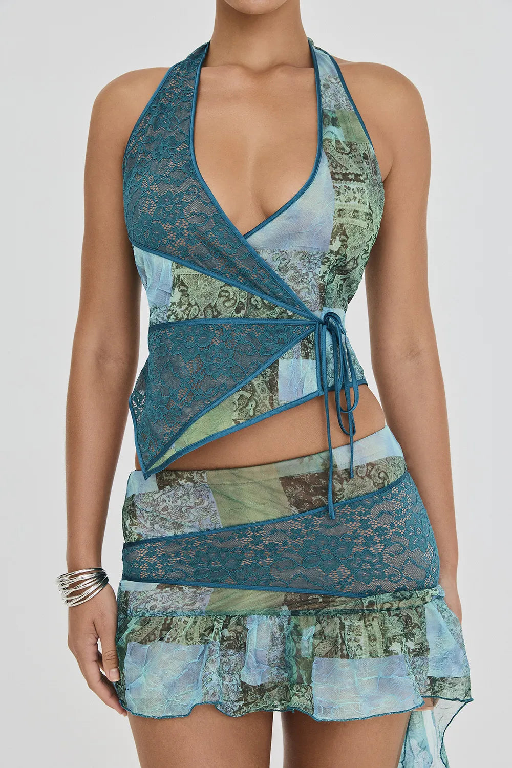 Mistress Rocks Ocean Teal Print Wrap Halter Top - SALE