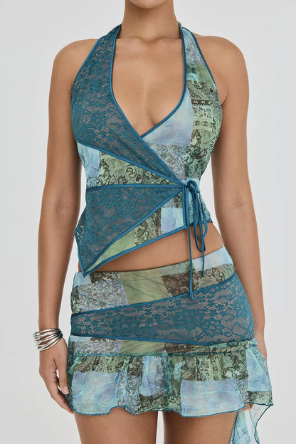 Mistress Rocks Ocean Teal Print Wrap Halter Top - SALE