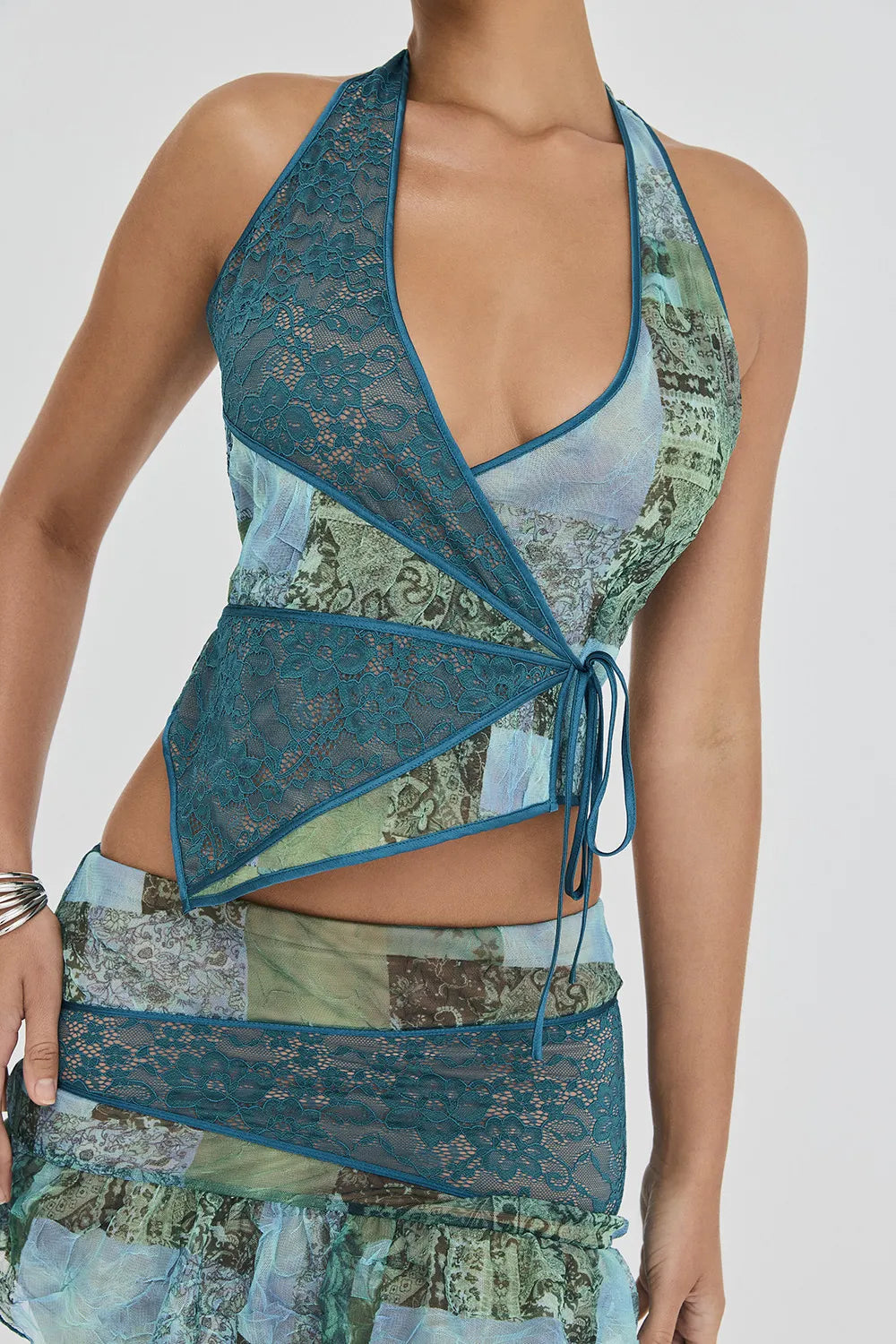 Mistress Rocks Ocean Teal Print Wrap Halter Top - SALE