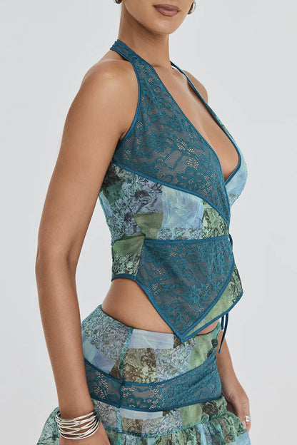 Mistress Rocks Ocean Teal Print Wrap Halter Top - SALE