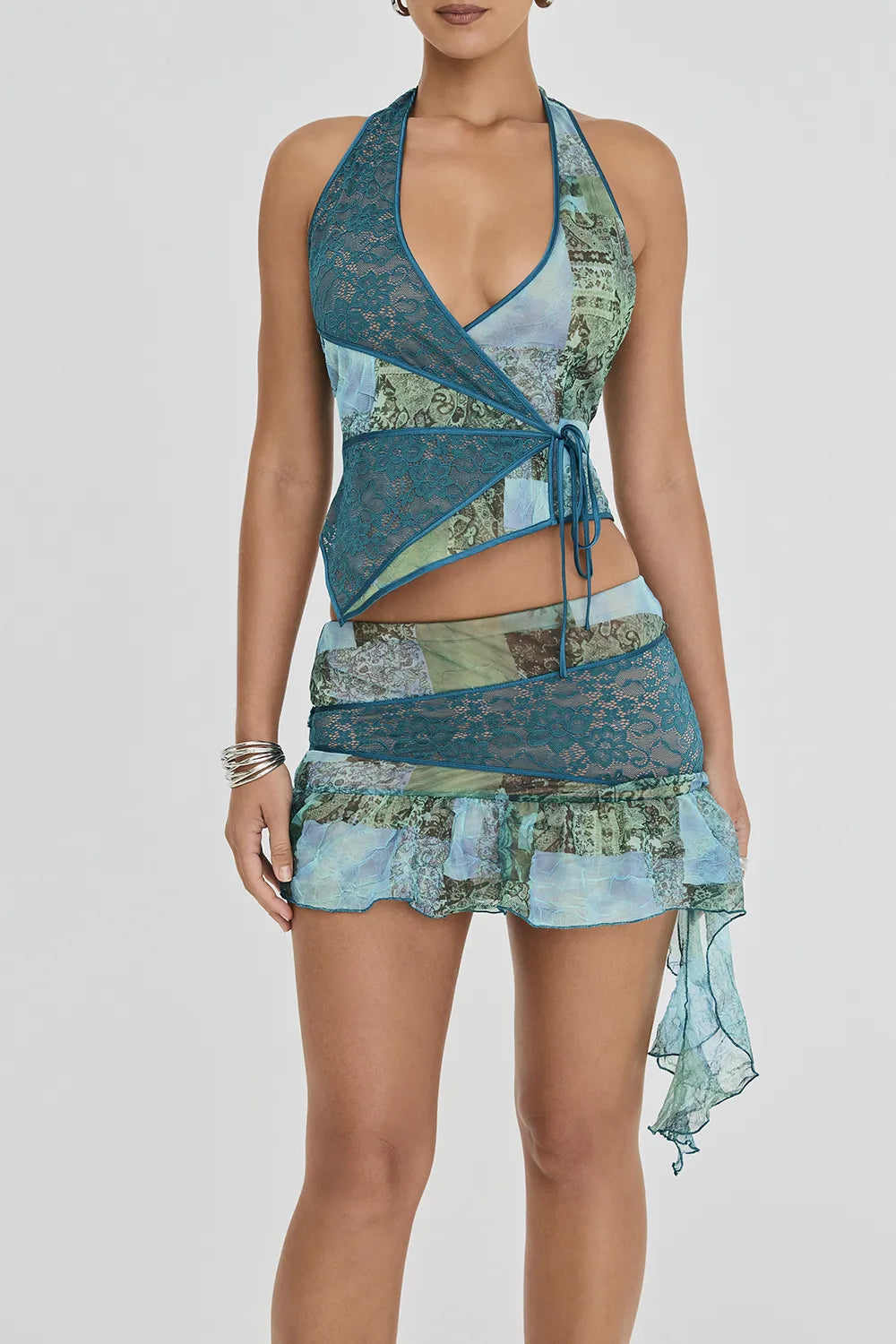 Mistress Rocks Ocean Teal Print Asymmetric Mini Skirt - SALE