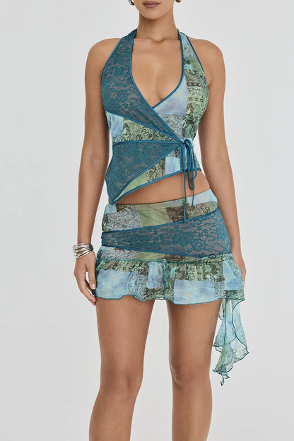 Mistress Rocks Ocean Teal Print Asymmetric Mini Skirt - SALE