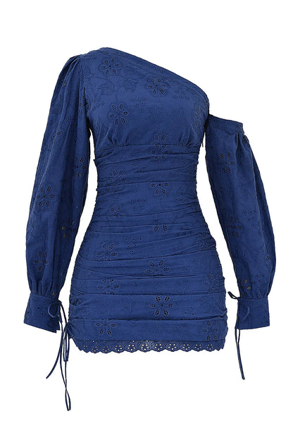 Mistress Rocks Navy Broderie Cotton Off Shoulder Mini Dress - SALE