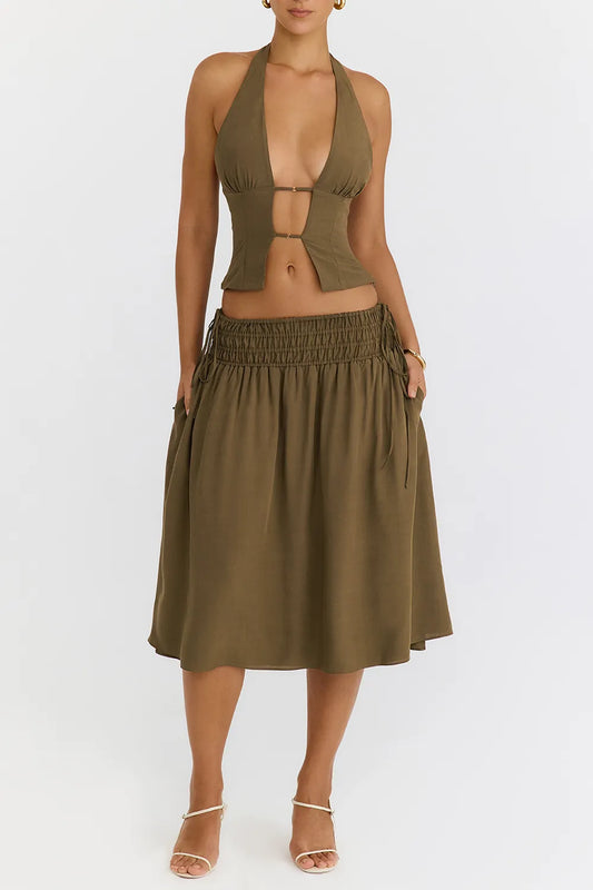 Mistress Rocks Olive Shirred Waist Midi Skirt - SALE