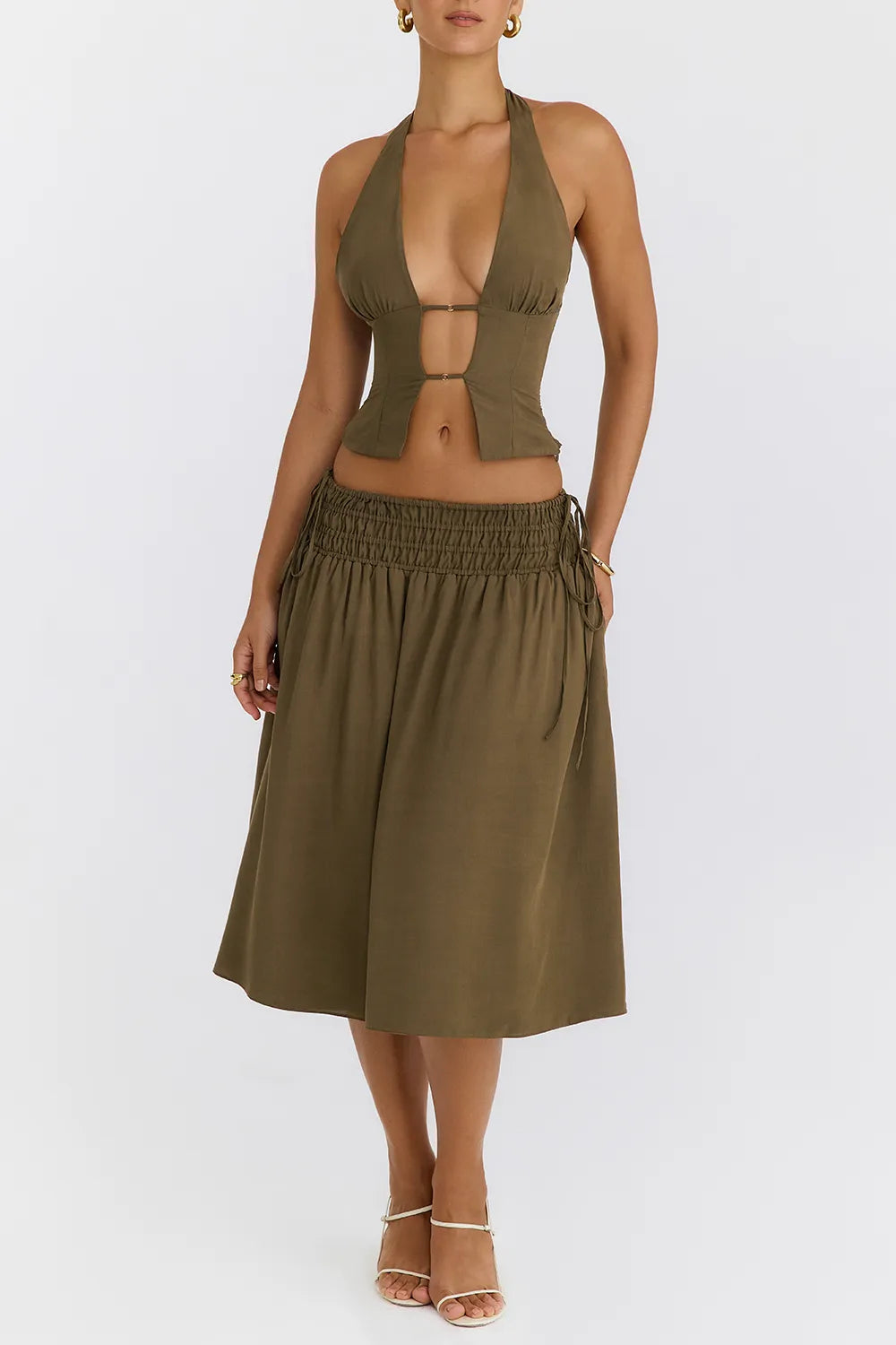 Mistress Rocks Olive Open Front Halter Top - SALE