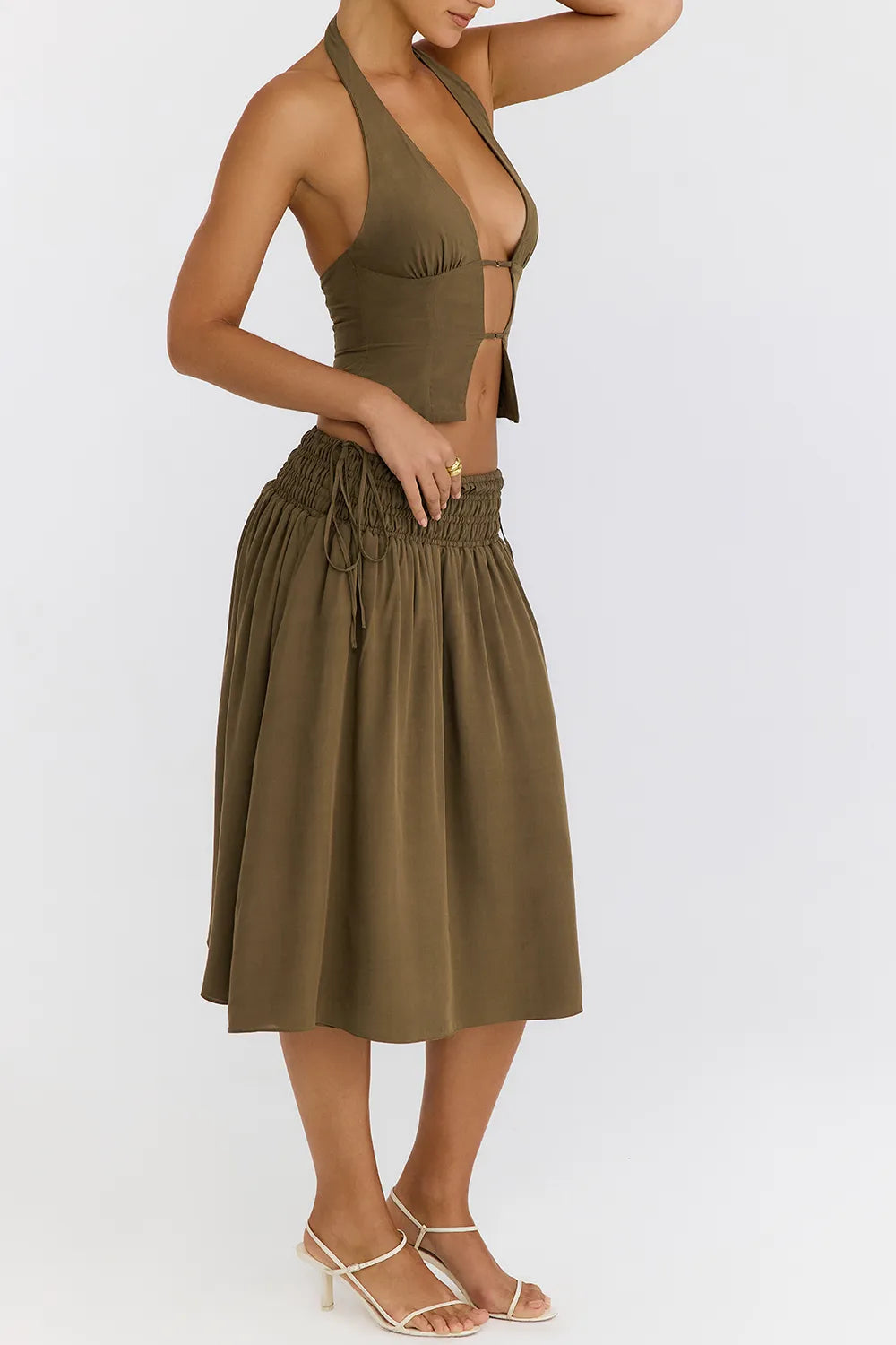 Mistress Rocks Olive Shirred Waist Midi Skirt - SALE