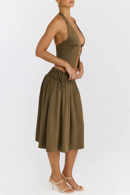 Mistress Rocks Olive Shirred Waist Midi Skirt - SALE