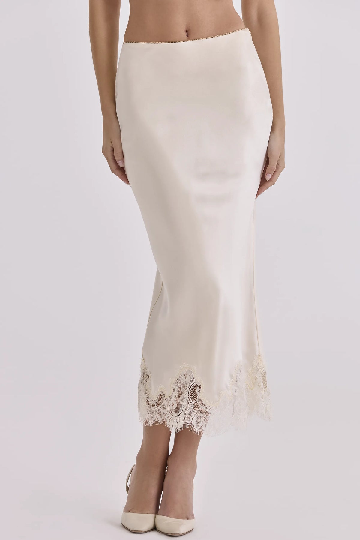 Ciara Vintage Ivory Satin + Lace Midi Skirt