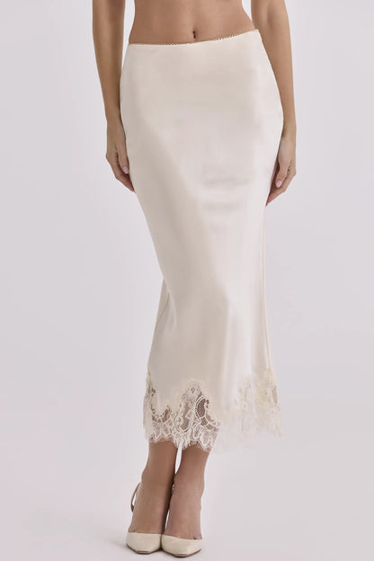 Ciara Vintage Ivory Satin + Lace Midi Skirt