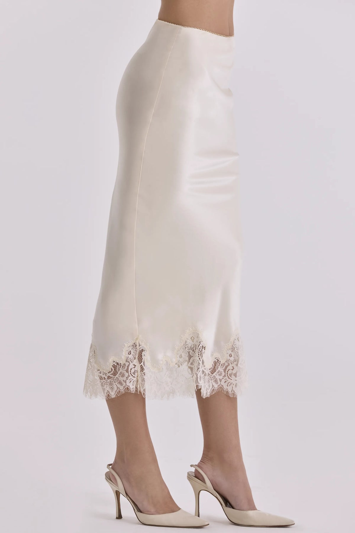 Ciara Vintage Ivory Satin + Lace Midi Skirt